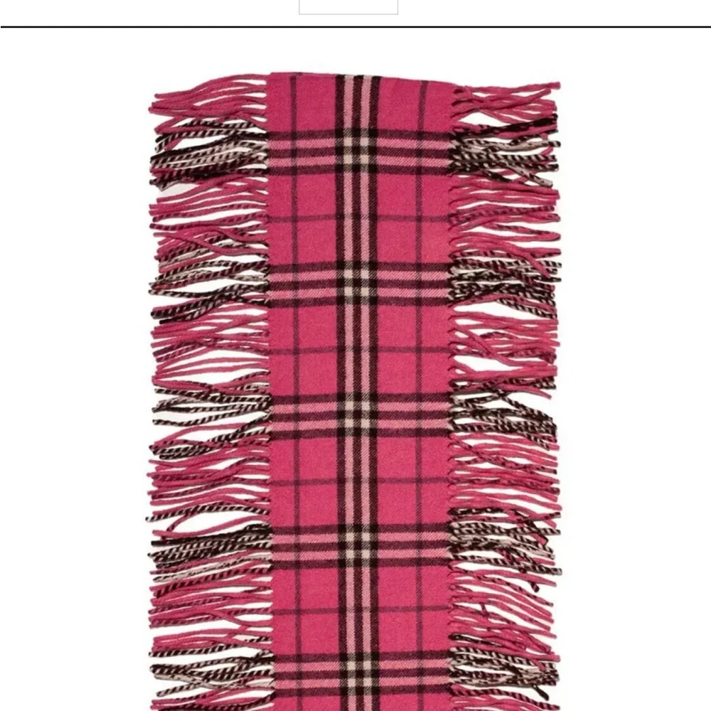 Burberry 100% cashmere authentic happy double fringe hot pink plaid scarf vintag